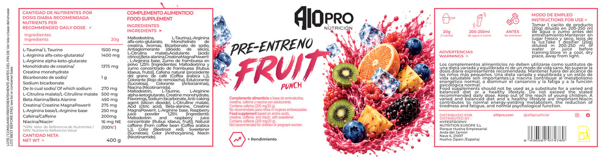 Etiqueta de Preentreno Fruit Punch: ingredientes y modo de empleo